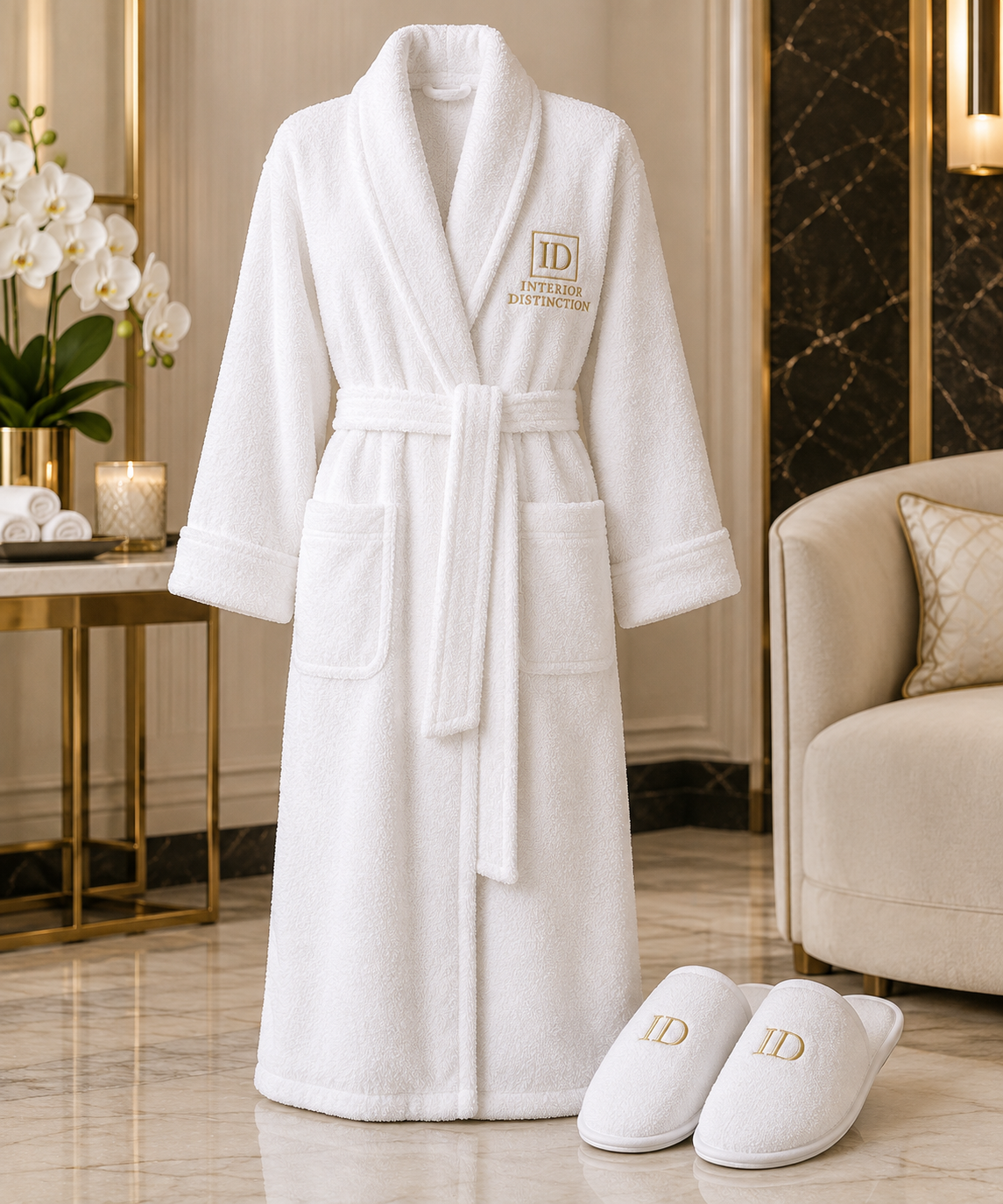 Interior Distinction luxury full-length bathrobe and branded slippers